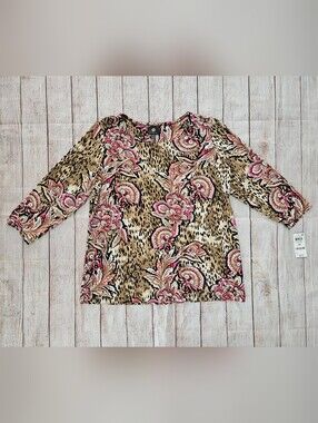 JM Collection Pink Floral & Tan Leopard Print Blouse